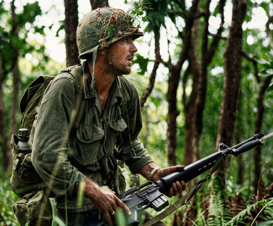 Militar com uniforme verde, capacete e rifle em uma área de vegetação.