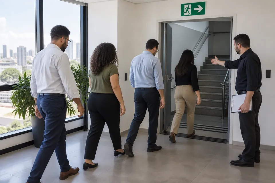 Quatro profissionais praticam uma evacuação por uma rota sinalizada, enquanto um coordenador orienta a entrada na escada.