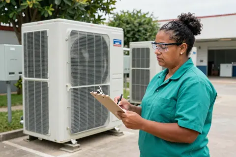 Profissional observa um equipamento de climatização em uma área técnica externa