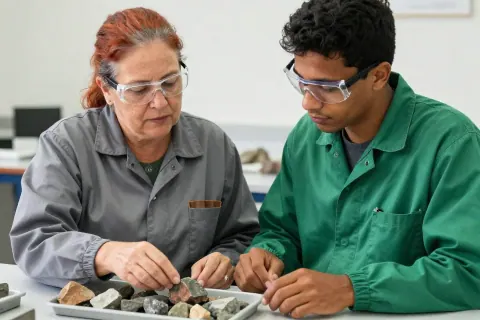 Profissional experiente e jovem analisam amostras em uma sala de formação técnica