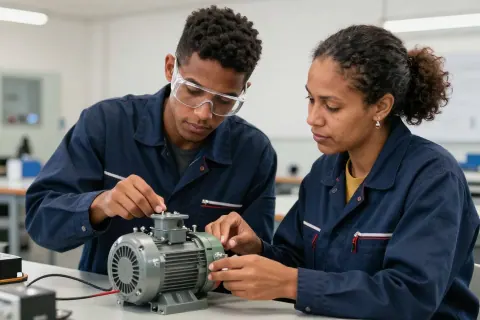 Profissional experiente orienta um jovem em uma bancada de aprendizagem eletromecânica