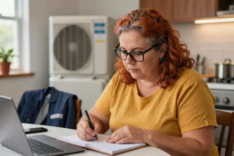 Mulher estuda com notebook e caderno em casa depois do trabalho