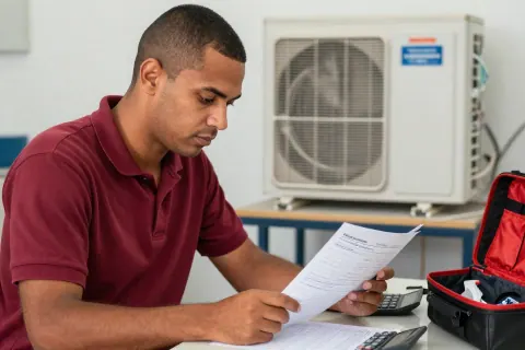 Profissional de refrigeração analisa um orçamento na mesa de sua oficina