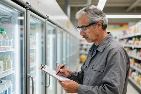 Técnico registra uma inspeção junto a expositores refrigerados de um supermercado