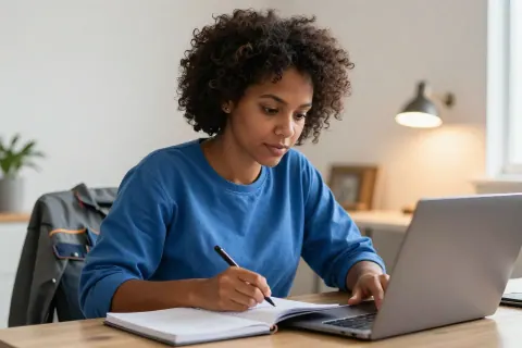 Mulher estuda em casa com um notebook e um caderno após o trabalho