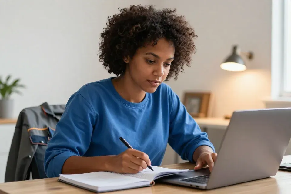 Mulher estuda em casa com um notebook e um caderno após o trabalho