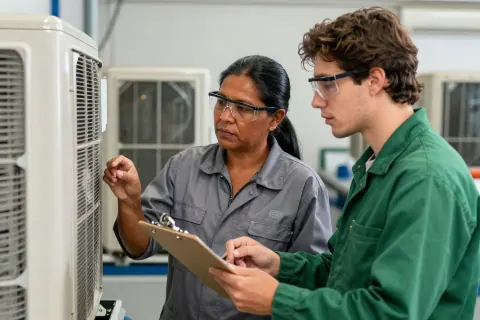 Profissional experiente orienta um jovem em uma oficina de climatização