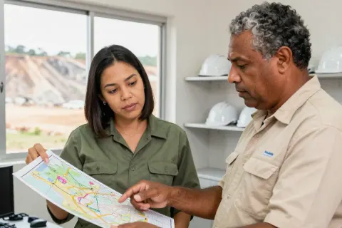 Dois profissionais analisam um mapa em um escritório de planejamento mineral