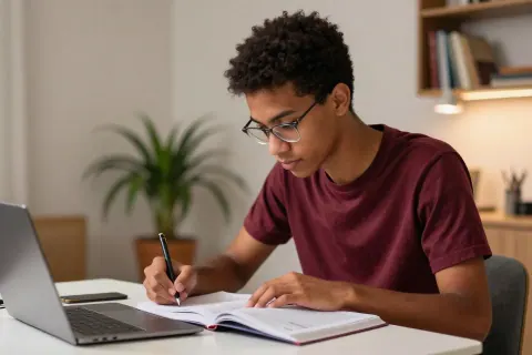 Homem estuda com livro, caderno e computador em casa depois do trabalho