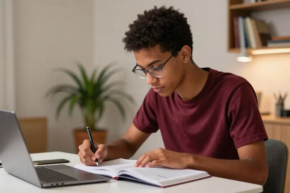 Homem estuda com livro, caderno e computador em casa depois do trabalho