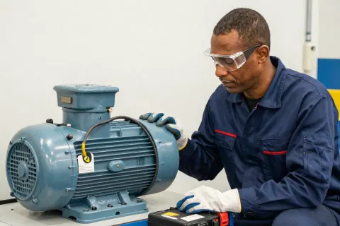 Profissional de manutenção inspeciona um motor elétrico em uma oficina