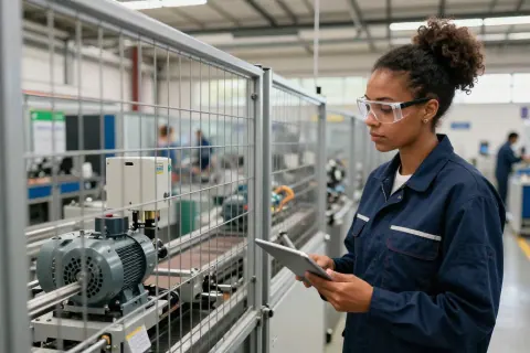 Profissional acompanha uma linha industrial automatizada com um tablet