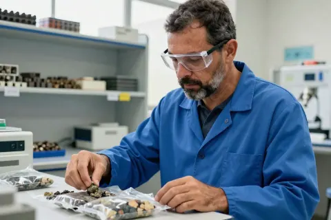 Técnico examina amostras de rochas organizadas em uma sala de trabalho