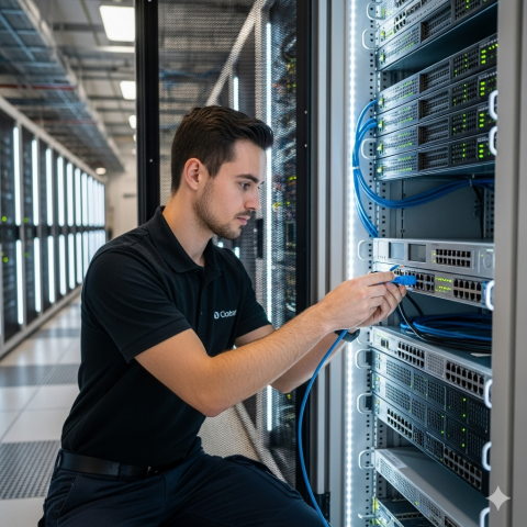 Técnico em Redes de Computadores trabalhando em um rack de servidores para garantir a conectividade da infraestrutura.