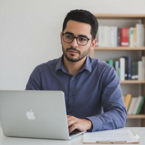 Estudante planejando onde estudar Gestão de Qualidade em um ambiente de estudos inspirador.