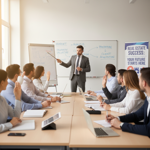 Alunos aprendendo sobre o curso corretor de imoveis em sala de aula.