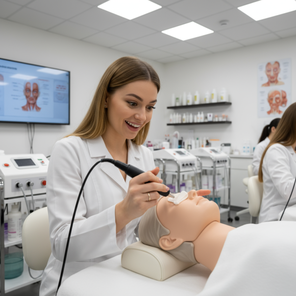 Aluna sorrindo durante aula prática do curso de estética.
