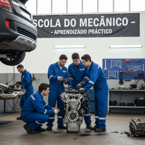 Alunos da escola do mecanico trabalhando em motores automotivos.