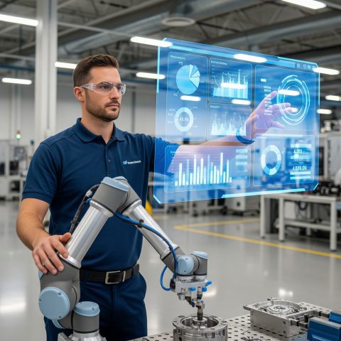 Profissional de automação industrial controlando um braço robótico através de um painel holográfico com dados de produção.