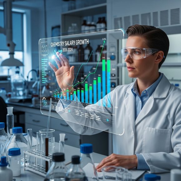 Técnica em química em um laboratório, analisando gráficos de crescimento salarial em uma tela transparente futurista.