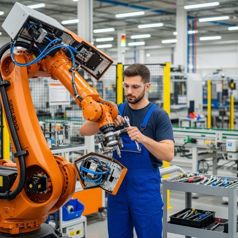 Profissional de mecatrônica realizando a manutenção de um braço robótico industrial para explicar o que faz na profissão.