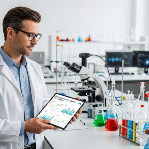Técnico em Química analisando em um tablet quanto ganha na profissão, com um laboratório ao fundo.