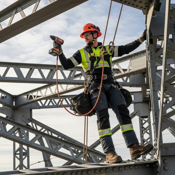 Trabalhador com equipamento de segurança completo realizando trabalho em altura em uma estrutura metálica, seguindo as diretrizes da NR 35.