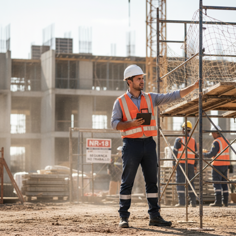 Profissional da NR18 em canteiro de obras.