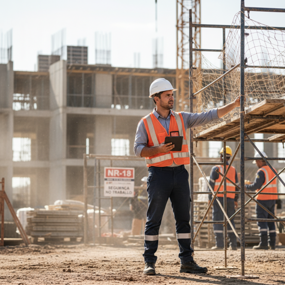 Profissional da NR18 em canteiro de obras.