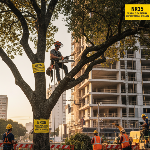 Profissional realizando trabalho em altura com segurança, utilizando NR35.