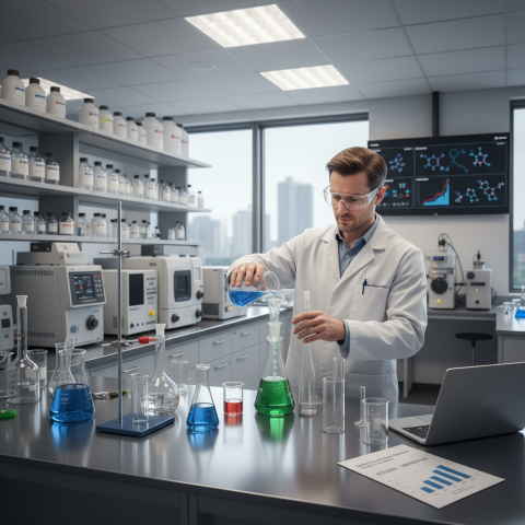 Químico trabalhando em laboratório, representando a profissão quanto ganha um quimico.