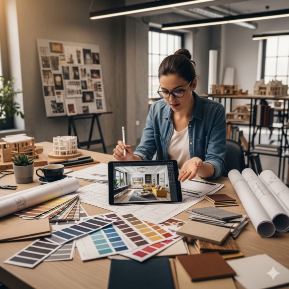 Designer de Interiores trabalhando em seu projeto, usando tablet, paletas de cores e plantas para criar um ambiente.