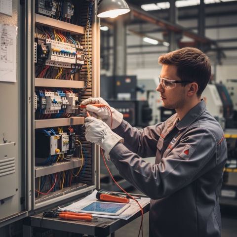 Técnico em eletrotécnica trabalhando em painel elétrico.