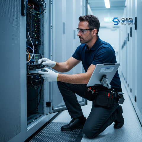 Técnico em informática trabalhando com equipamentos.