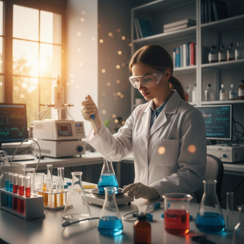 Técnico em química analisando amostras em laboratório.