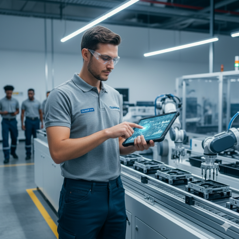 Técnico em Qualidade em fábrica, usando tablet para monitorar linhas de produção e garantir padrões.