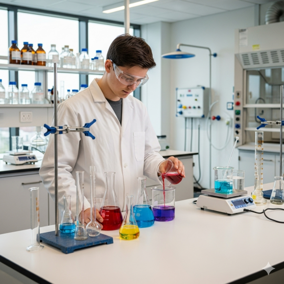 Estudante fazendo curso Técnico em Química em laboratório, misturando líquidos coloridos em béqueres.