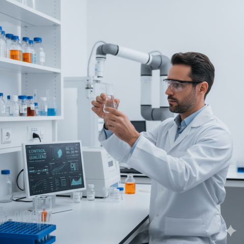 Técnico em Química CBO analisando amostra em laboratório para controle de qualidade.