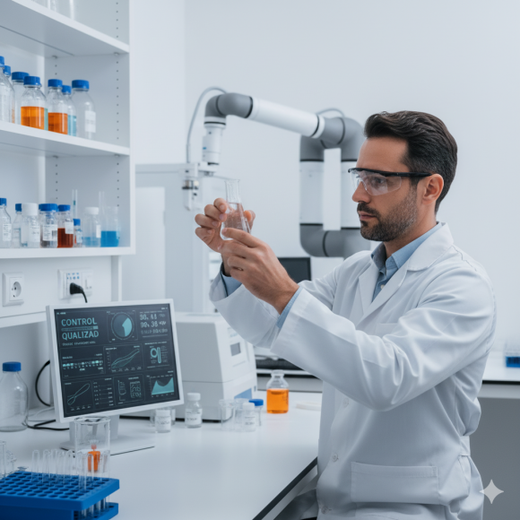 Técnico em Química CBO analisando amostra em laboratório para controle de qualidade.